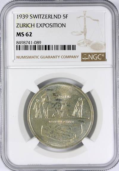 【雨安】【直播拍卖】【世界币章116期-评级币】2025-11-22 周六 19:30 保真 - [评级欧洲] Switzerland 瑞士 5法郎 1939年 苏黎世博览会 KM# 43  NGC-MS62
