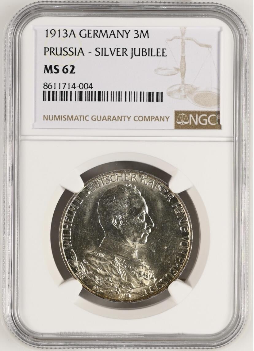 【德藏】世界币章拍卖第154期（拍品征集中~欢迎藏友联系） 1913年 德国普鲁士威廉二世军装3马克银币 NGC MS62 黄油淡彩 品相状态不错