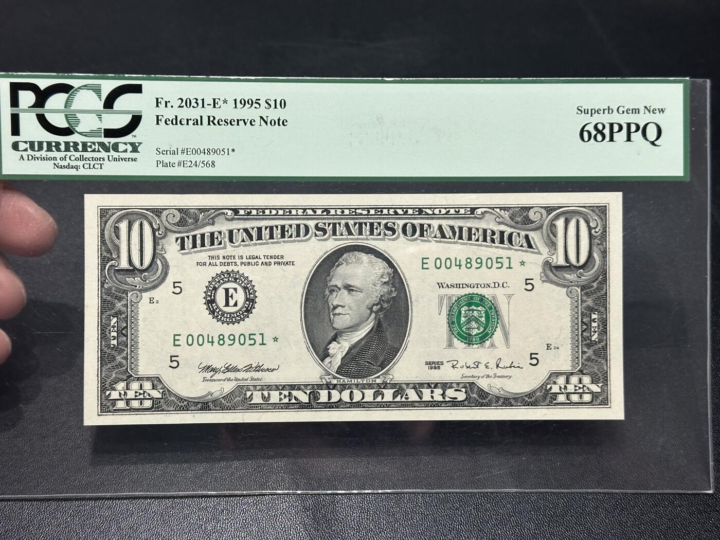 《外钞收藏家》第五百八十七期（精选场）（本平台长期征集拍品、欢迎藏友们联系合作） 1995年美国小头版10美元 绿标PCGS68 补号