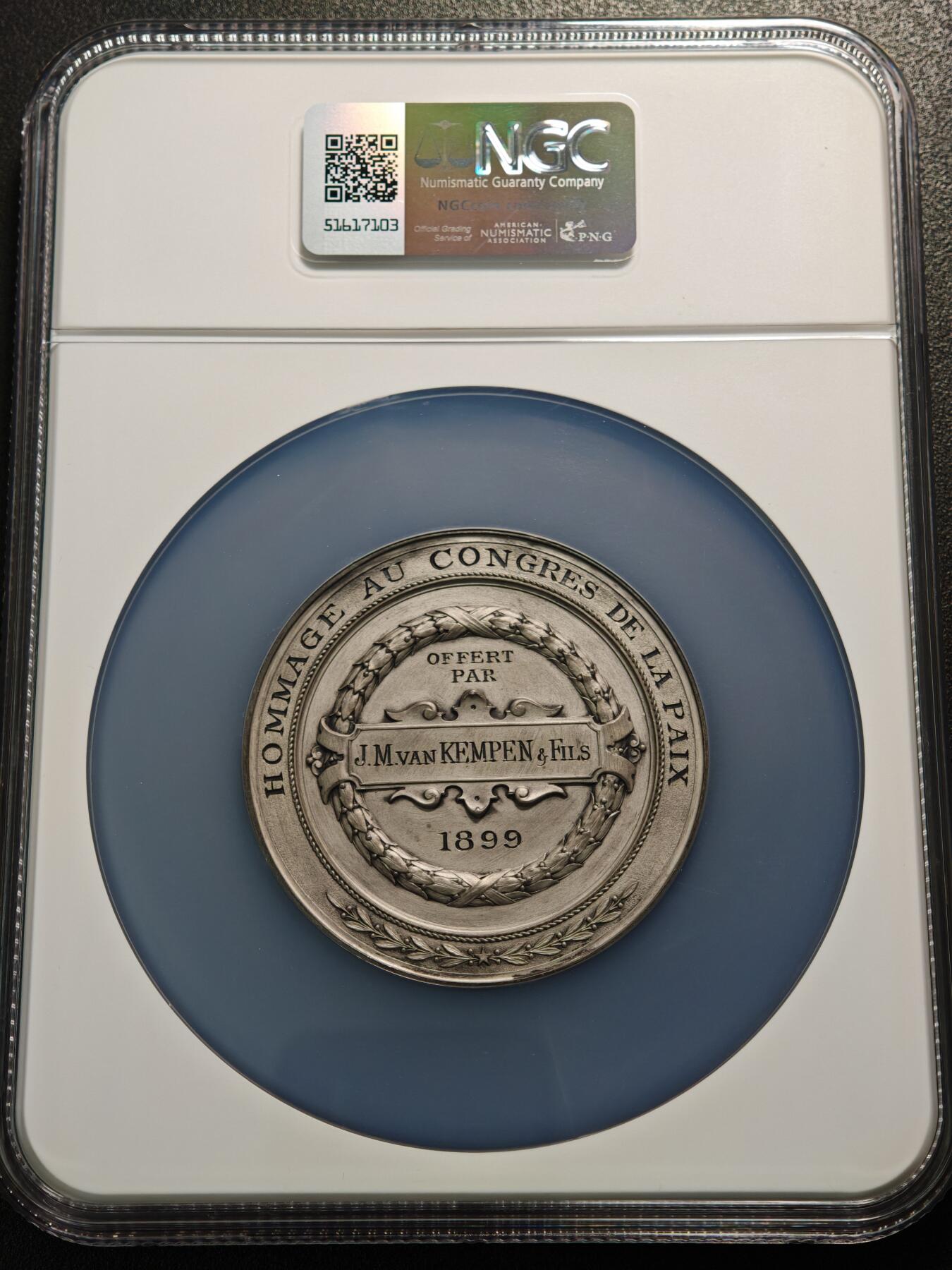 【德藏】世界币章拍卖第154期（拍品征集中~欢迎藏友联系） 1899年 法国和平会议主题大银章 60mm NGC MS65 稀少品种 顶级品相状态 