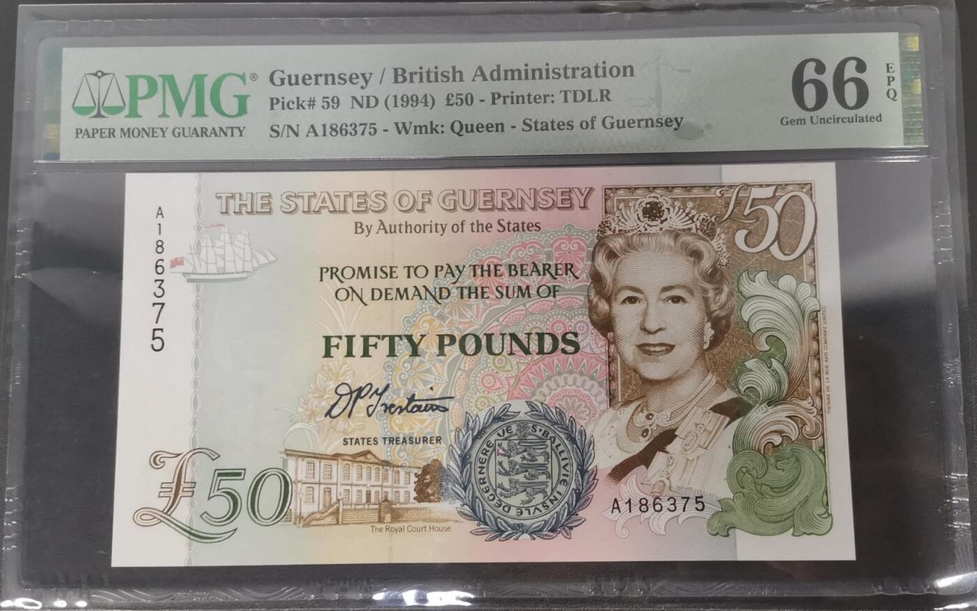 《艾美收藏》第221期-11.23周日黄金场精品荟萃 根西1994年A冠50镑最高值PMG66E无4 女王钞 Pick#59