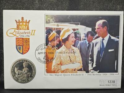 【淘币小摊】限时拍第八百零七拍  克朗币邮币封场  满百包邮可预留两周  周一统一发货  -  特克斯凯科斯1996年女王70周岁5克朗纪念币邮币封