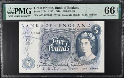 《艾美收藏》第221期-11.23周日黄金场精品荟萃 - 英国C序列1963-66年A冠5镑PMG66E无347靓号 年轻女王 Pick#375a