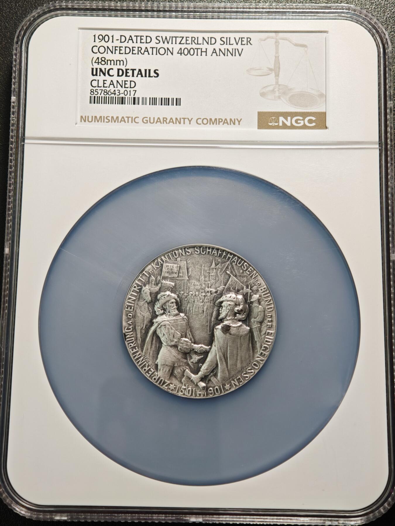 【德藏】世界币章拍卖第154期（拍品征集中~欢迎藏友联系） 1901年 瑞士沙夫豪森加入瑞士联邦400周年纪念大银章 48mm NGC UNC 设计细节丰富 立体空间感极强