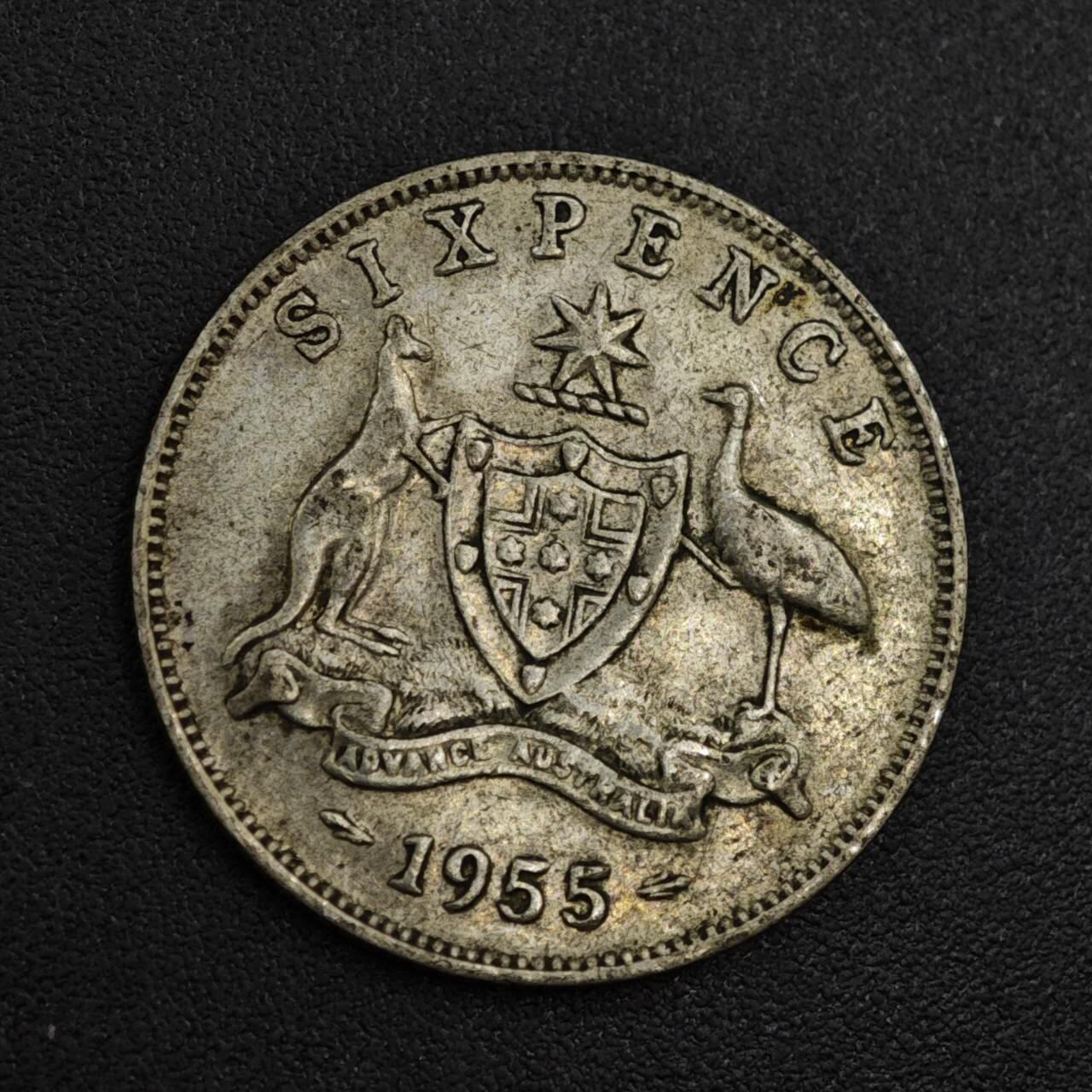 【淘币小摊】实时拍第八百零四拍   散币银币场   满百包邮可预留二周 每周一统一发货   澳大利亚1955年伊丽莎白二世6便士银币