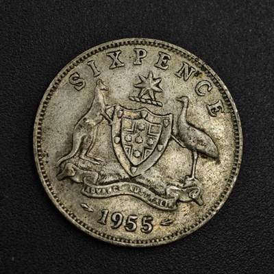 【淘币小摊】实时拍第八百零四拍   散币银币场   满百包邮可预留二周 每周一统一发货   - 澳大利亚1955年伊丽莎白二世6便士银币