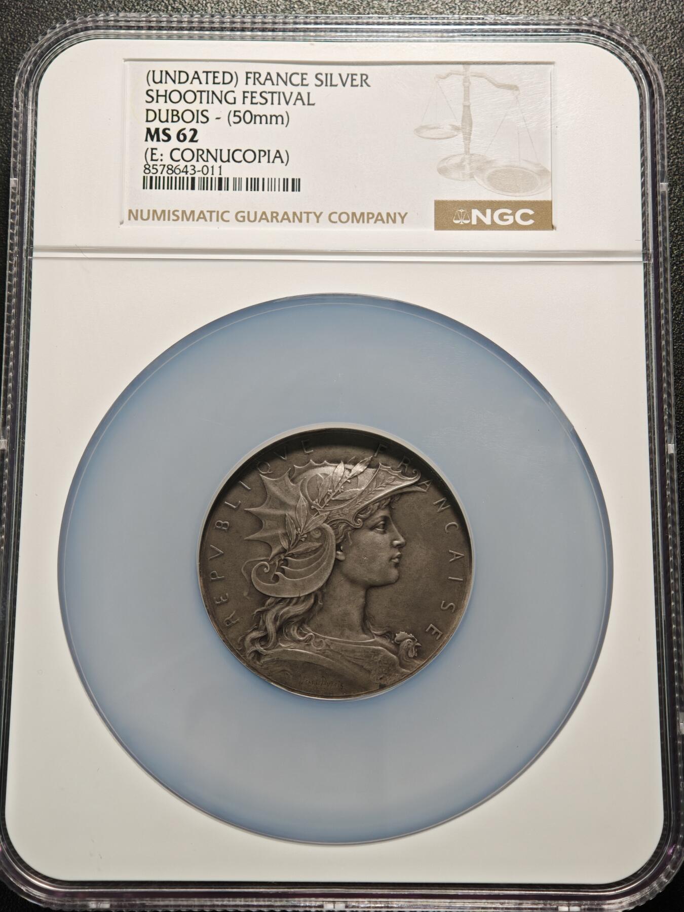 【德藏】世界币章拍卖第154期（拍品征集中~欢迎藏友联系） 19世纪 法国射击节戎装玛丽安娜女神大银章 50mm NGC MS62 温润淡老包浆 设计立体 人物传神