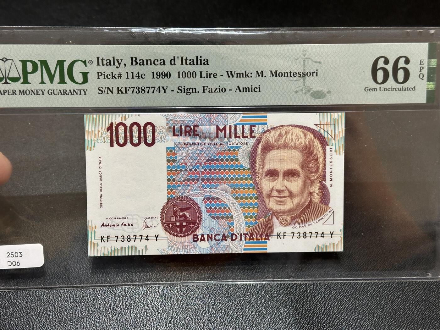 《外钞收藏家》第五百八十七期（精选场）（本平台长期征集拍品、欢迎藏友们联系合作） 1990年意大利1000里拉 PMG66