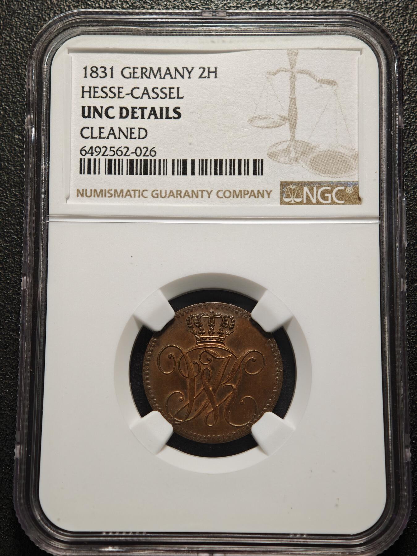 【德藏】世界币章拍卖第154期（拍品征集中~欢迎藏友联系） 1831年 德国黑森拉塞尔2赫勒铜币 NGC UNC 稀少品种 难得unc好品