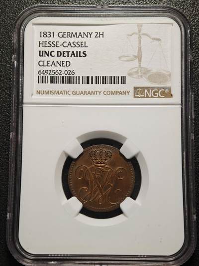 【德藏】世界币章拍卖第154期（拍品征集中~欢迎藏友联系） - 1831年 德国黑森拉塞尔2赫勒铜币 NGC UNC 稀少品种 难得unc好品