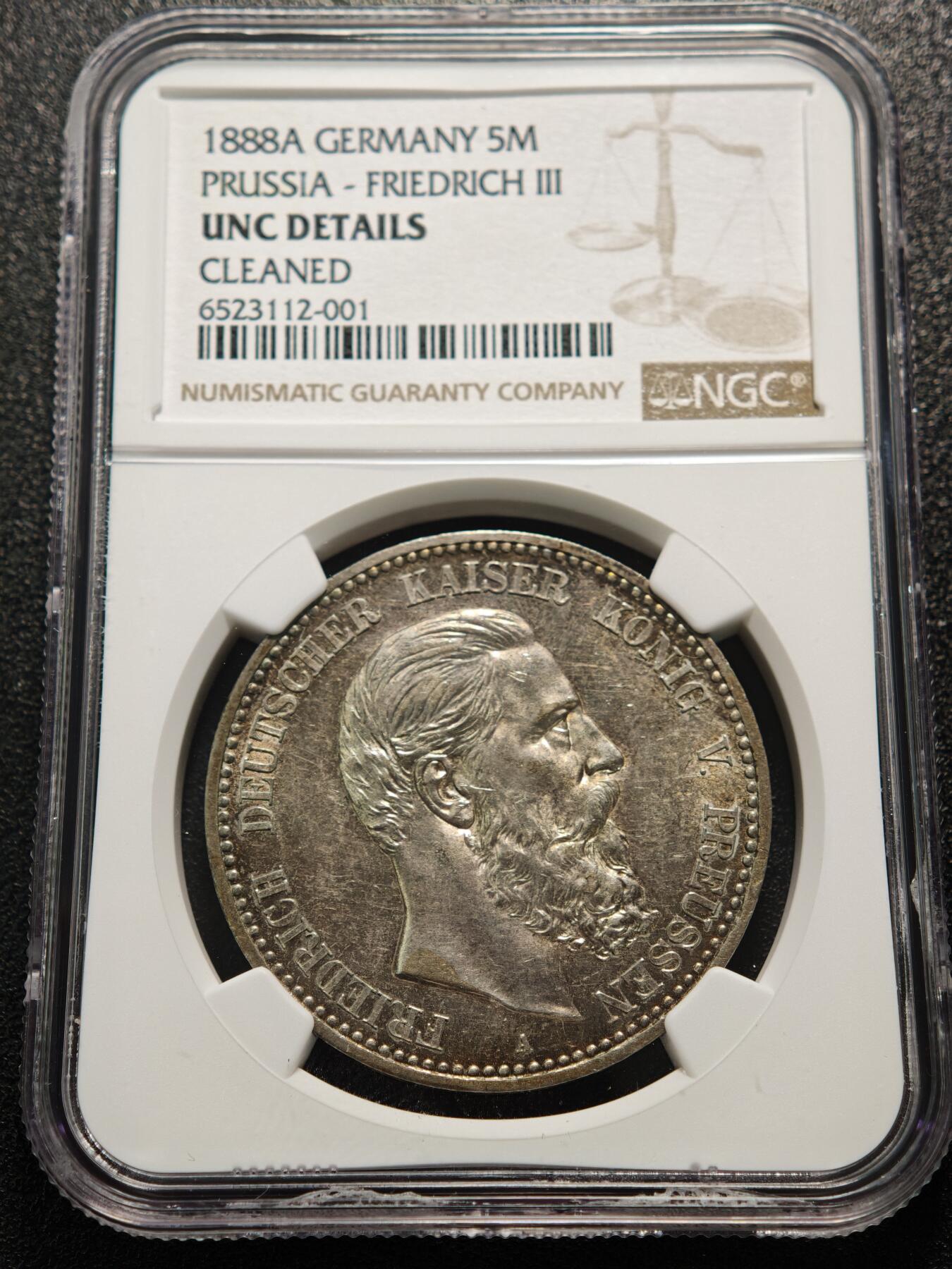 【德藏】世界币章拍卖第154期（拍品征集中~欢迎藏友联系） 1888年 德国普鲁士弗里德里希三世弗三短翅鹰5马克银币 NGC UNC 原味包浆 很出彩有老洗