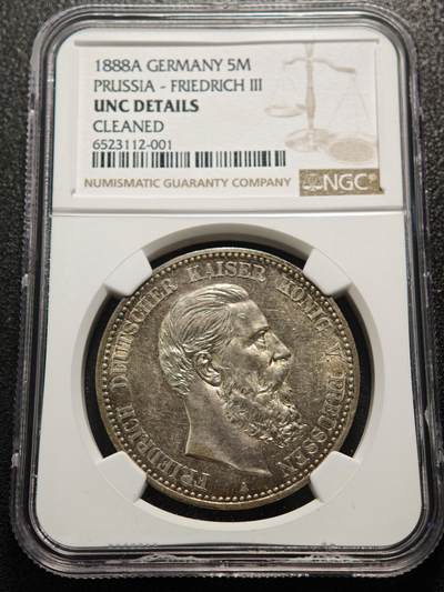 【德藏】世界币章拍卖第154期（拍品征集中~欢迎藏友联系） - 1888年 德国普鲁士弗里德里希三世弗三短翅鹰5马克银币 NGC UNC 原味包浆 很出彩有老洗