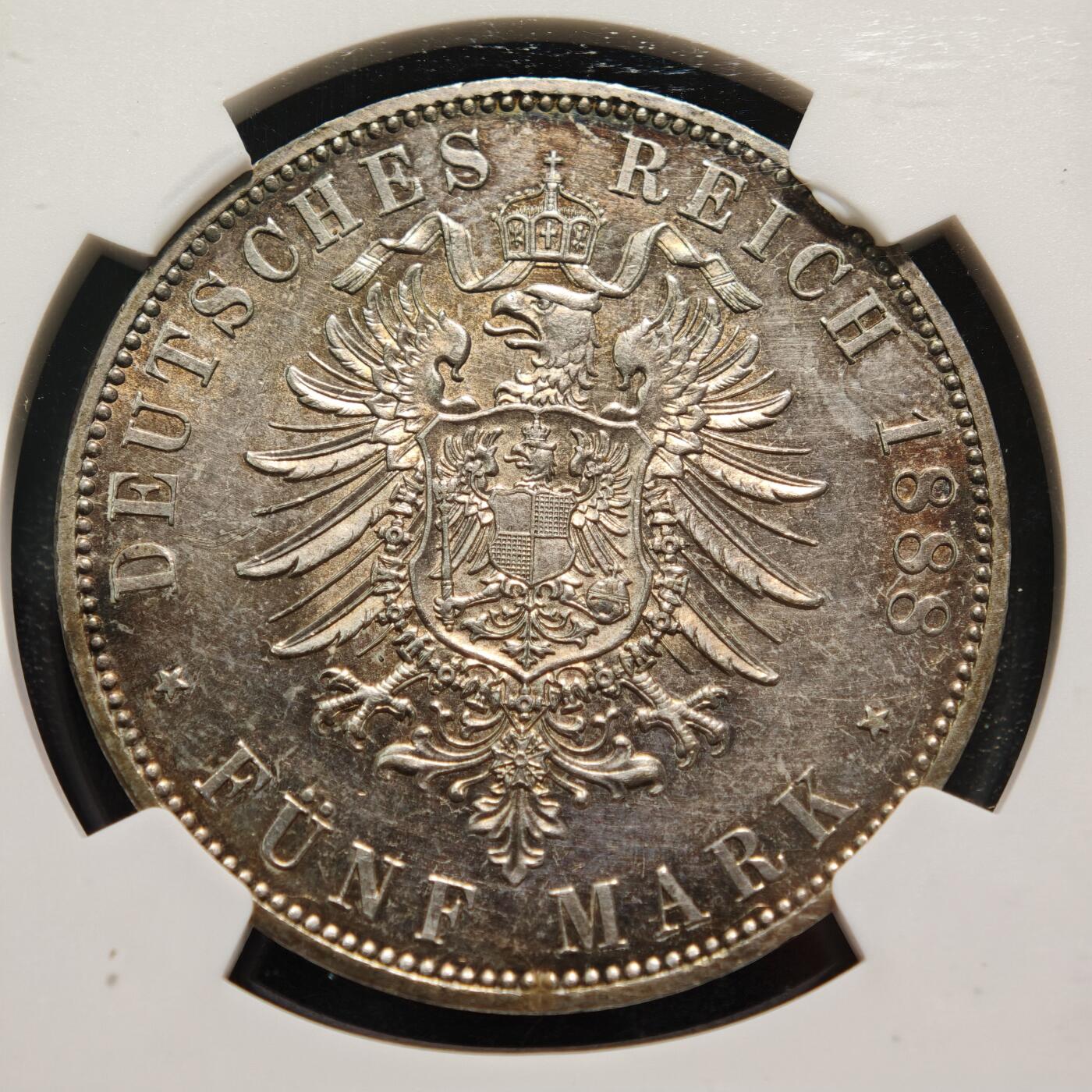 【德藏】世界币章拍卖第154期（拍品征集中~欢迎藏友联系） 1888年 德国普鲁士弗里德里希三世弗三短翅鹰5马克银币 NGC UNC 原味包浆 很出彩有老洗