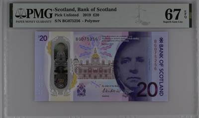 【礼羽收藏】🌏世界钱币拍卖第113期 - 【PMG67】欧洲，英国，苏格兰，2019年，20磅，塑料钞