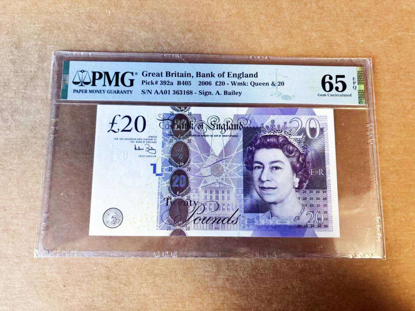 【Blue Auction】世界纸币精拍第754期——18级TOP拍卖/信誉/品质/专业/高效💫 【AA01冠无47】英国 2006年20镑 PMG65EPQ 