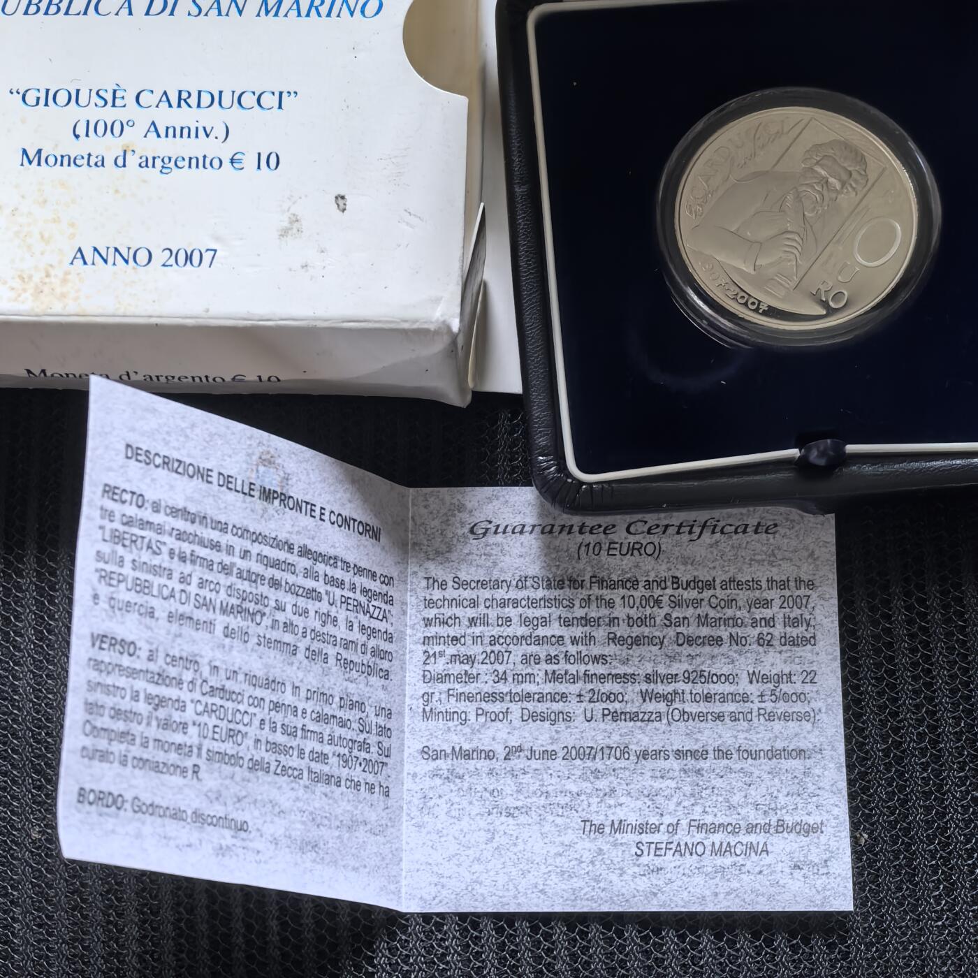 道一币馆币章第一百五十六场 原盒证 圣马力诺2007年诗人乔苏·卡杜奇逝世百年10欧元银币