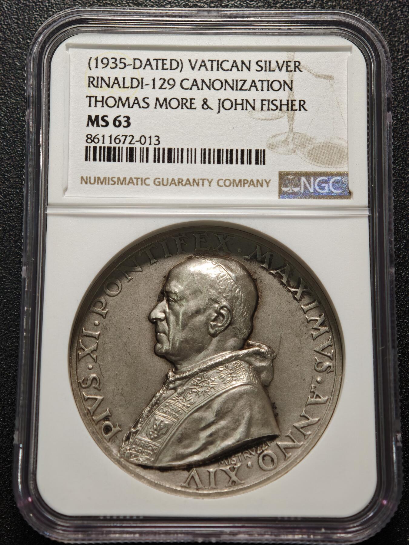 【德藏】世界币章拍卖第154期（拍品征集中~欢迎藏友联系） 1925年 梵蒂冈教皇庇护十一世高浮雕银章 NGC MS63 磨砂质感 高浮雕设计