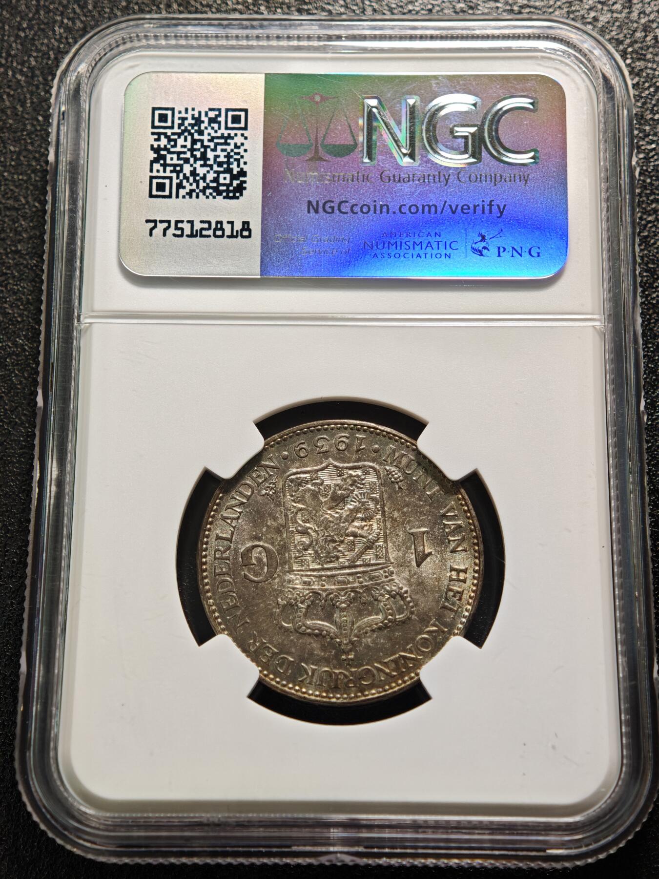 【德藏】世界币章拍卖第154期（拍品征集中~欢迎藏友联系） 1939年 荷兰女王威廉明娜1盾银币 NGC MS64 酱彩包浆 品相状态一流