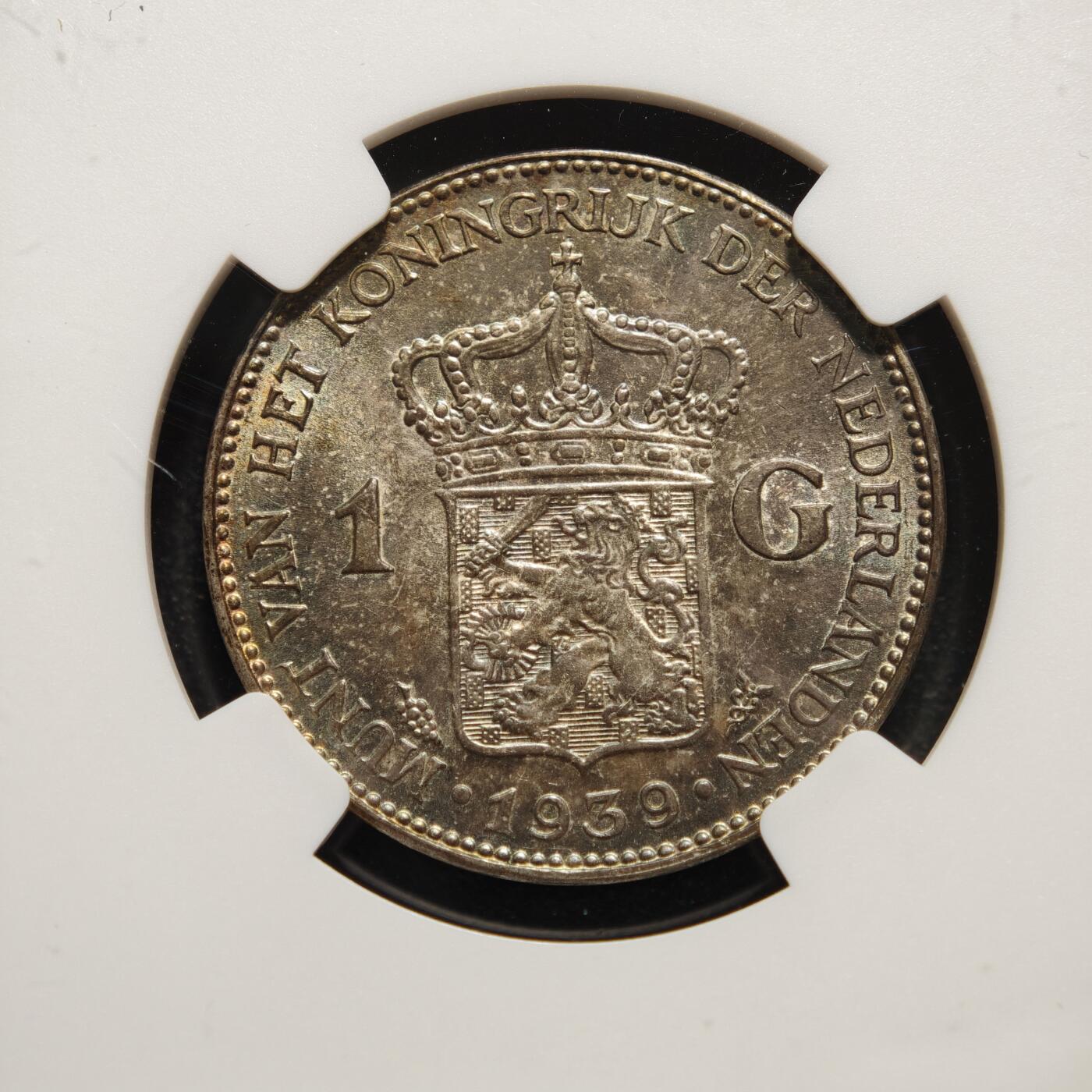 【德藏】世界币章拍卖第154期（拍品征集中~欢迎藏友联系） 1939年 荷兰女王威廉明娜1盾银币 NGC MS64 酱彩包浆 品相状态一流
