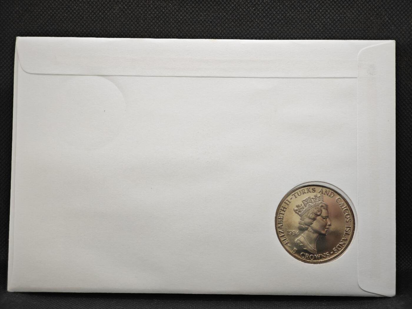 【淘币小摊】限时拍第八百零七拍  克朗币邮币封场  满百包邮可预留两周  周一统一发货    特克斯凯科斯1994年诺曼底登陆50周年5克朗纪念币邮币封 