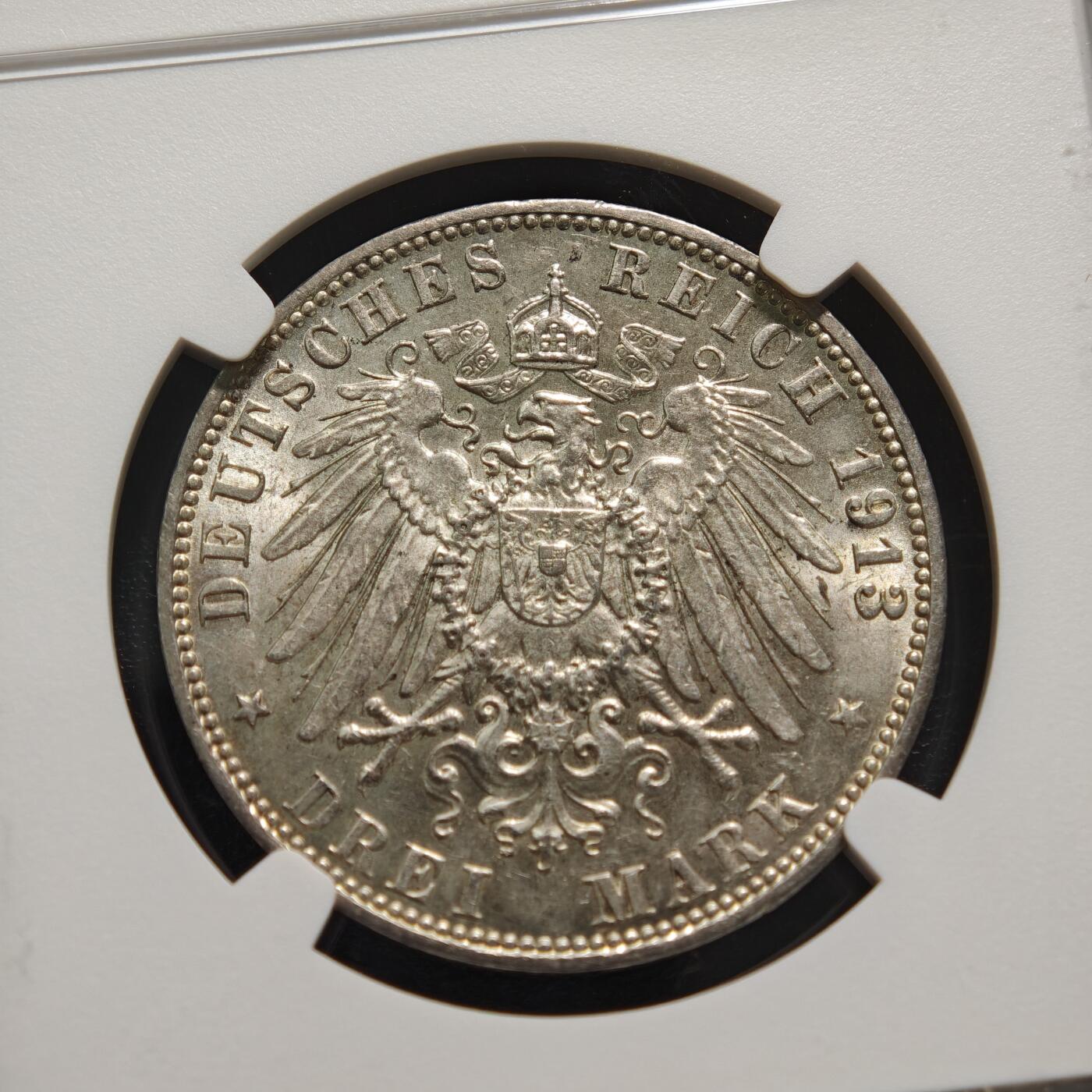 【德藏】世界币章拍卖第154期（拍品征集中~欢迎藏友联系） 1913年 德国汉堡双狮3马克银币 NGC MS63 原光黄油彩包浆 品相状态非常棒