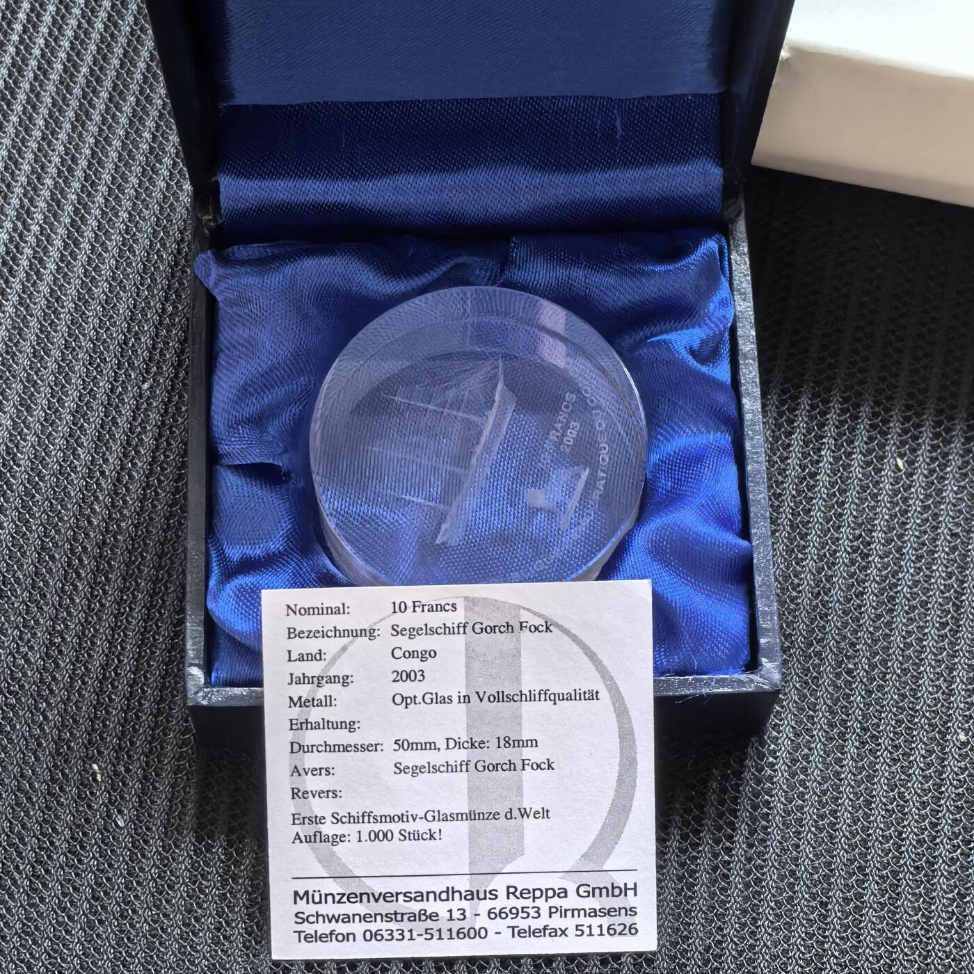 道一币馆币章第一百五十六场 原盒证 刚果金2003年训练舰戈尔什·福克号下水45周年10法郎丙烯酸纪念币