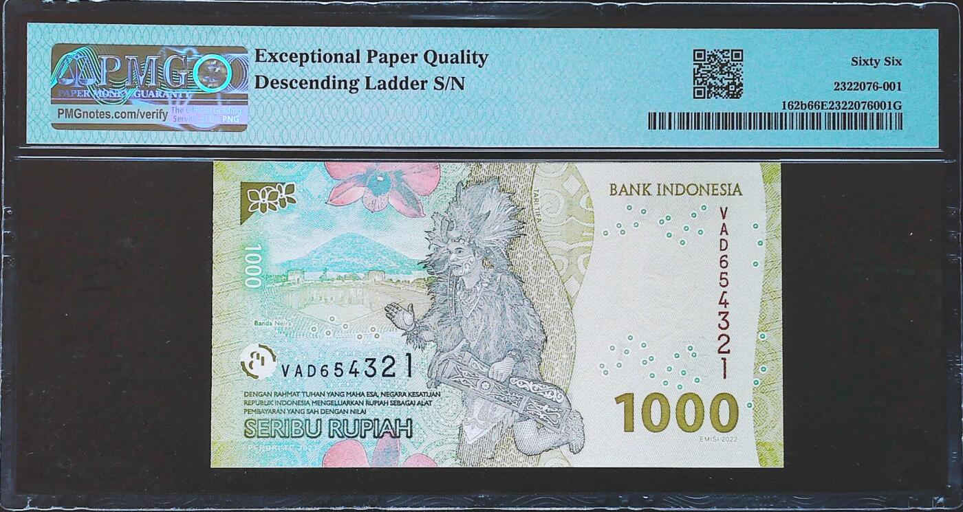 世界靓号纸钞第七十八期 2023年印度尼西亚1000卢比 倒顺子号654321 PMG66