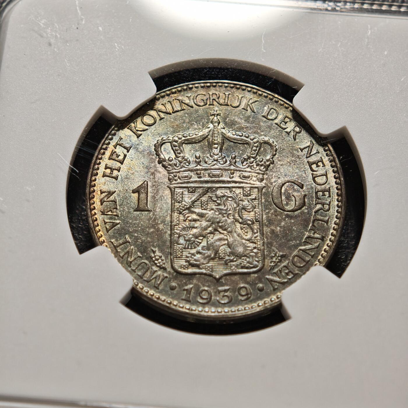 【德藏】世界币章拍卖第154期（拍品征集中~欢迎藏友联系） 1939年 荷兰女王威廉明娜1盾银币 NGC MS64 酱彩包浆 品相状态一流