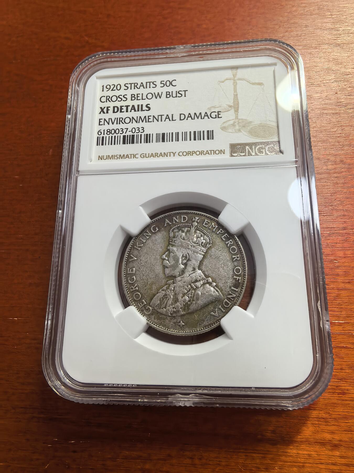 长老汇蛇年精选第七十七场拍卖 1920海峡殖民地乔治五世50分银币，NGC XFD，带十字版