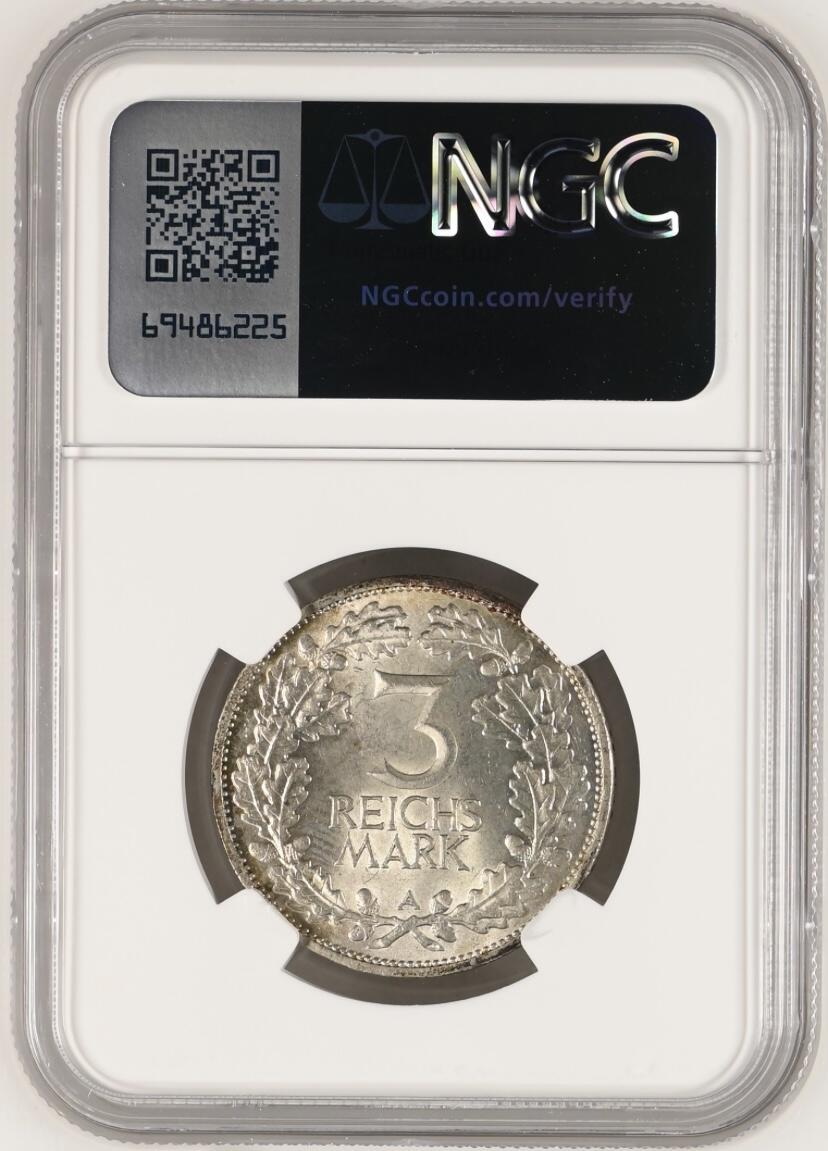 【德藏】世界币章拍卖第154期（拍品征集中~欢迎藏友联系） 1925年 德国魏玛共和国莱茵千年3马克银币 NGC MS63 原光好品好状态