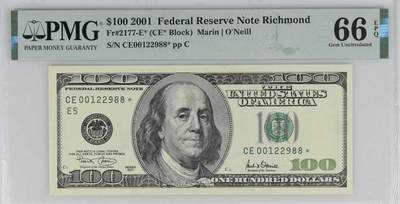 《外钞收藏家》第五百八十七期（精选场）（本平台长期征集拍品、欢迎藏友们联系合作） - 2001年 大头版 100美元 星补号 无3457 尾88 PMG66EPQ