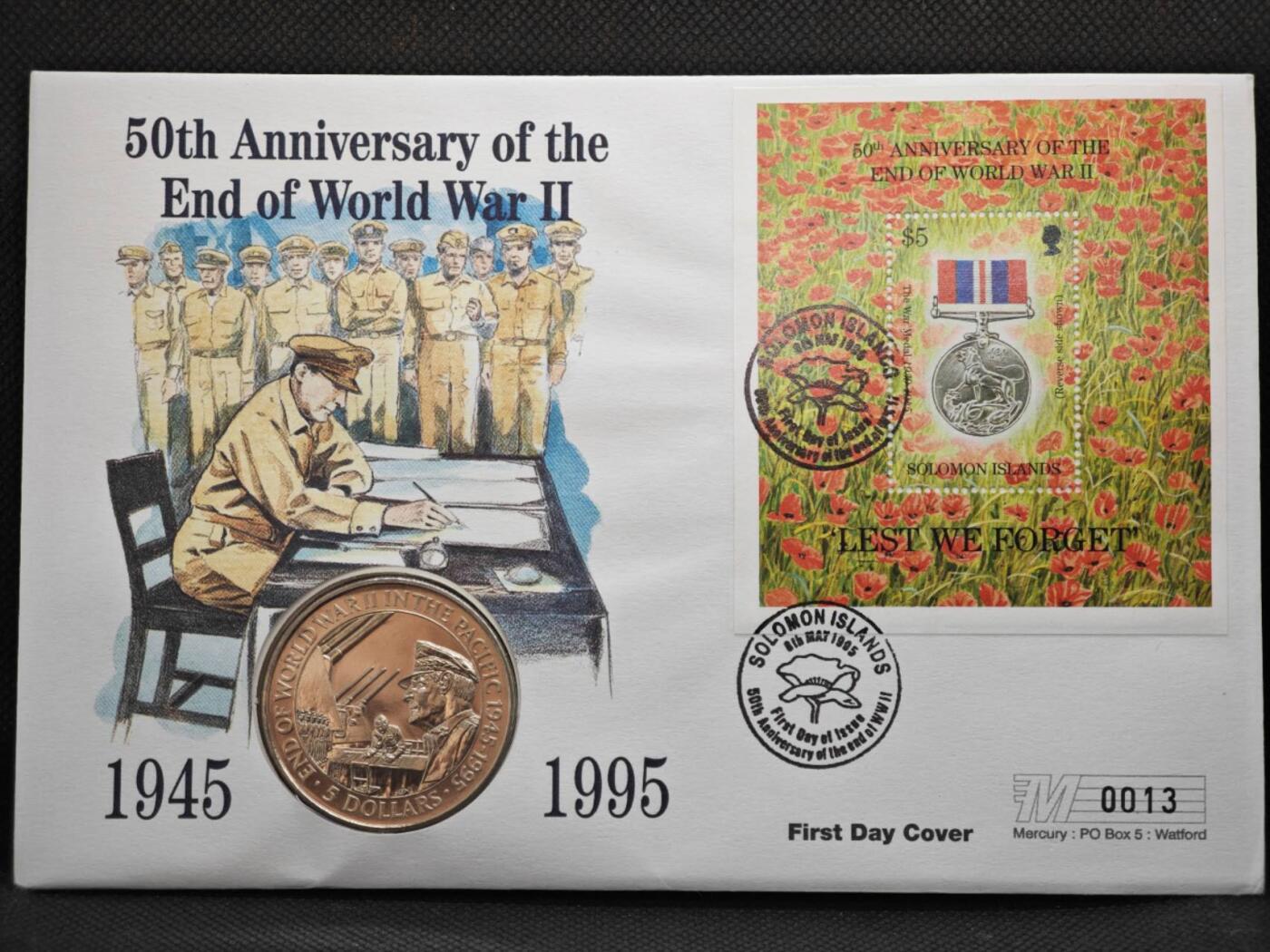 【淘币小摊】限时拍第八百零七拍  克朗币邮币封场  满百包邮可预留两周  周一统一发货   所罗门群岛1995年二战胜利50周年5元纪念币邮币封