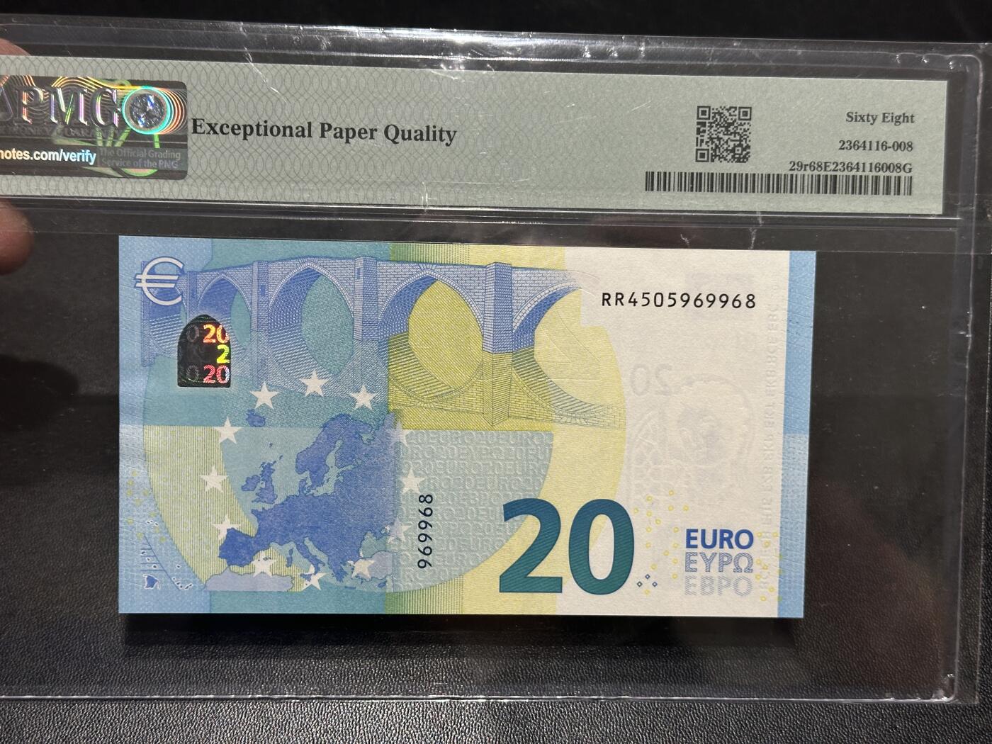 《外钞收藏家》第五百八十七期（精选场）（本平台长期征集拍品、欢迎藏友们联系合作） 2015年四签20欧元 PMG68高分 靓号