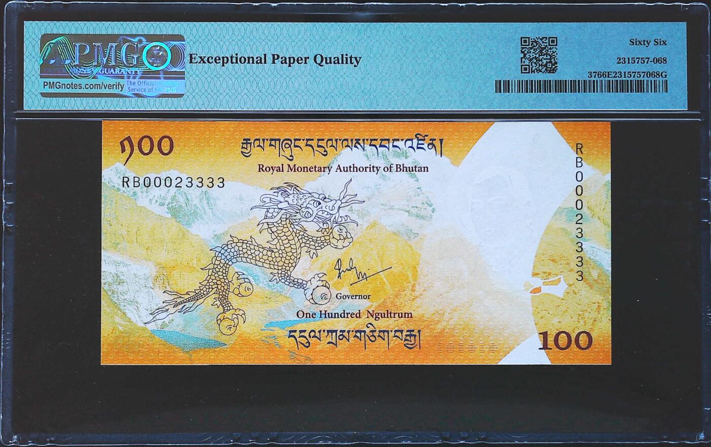 世界靓号纸钞第七十八期 2016年不丹100努尔特鲁姆纪念钞 全程无47 狮子号3333 PMG66
