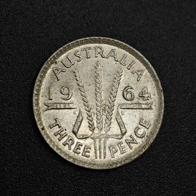 【淘币小摊】实时拍第八百零四拍   散币银币场   满百包邮可预留二周 每周一统一发货   - 澳大利亚1964年伊丽莎白二世3便士银币