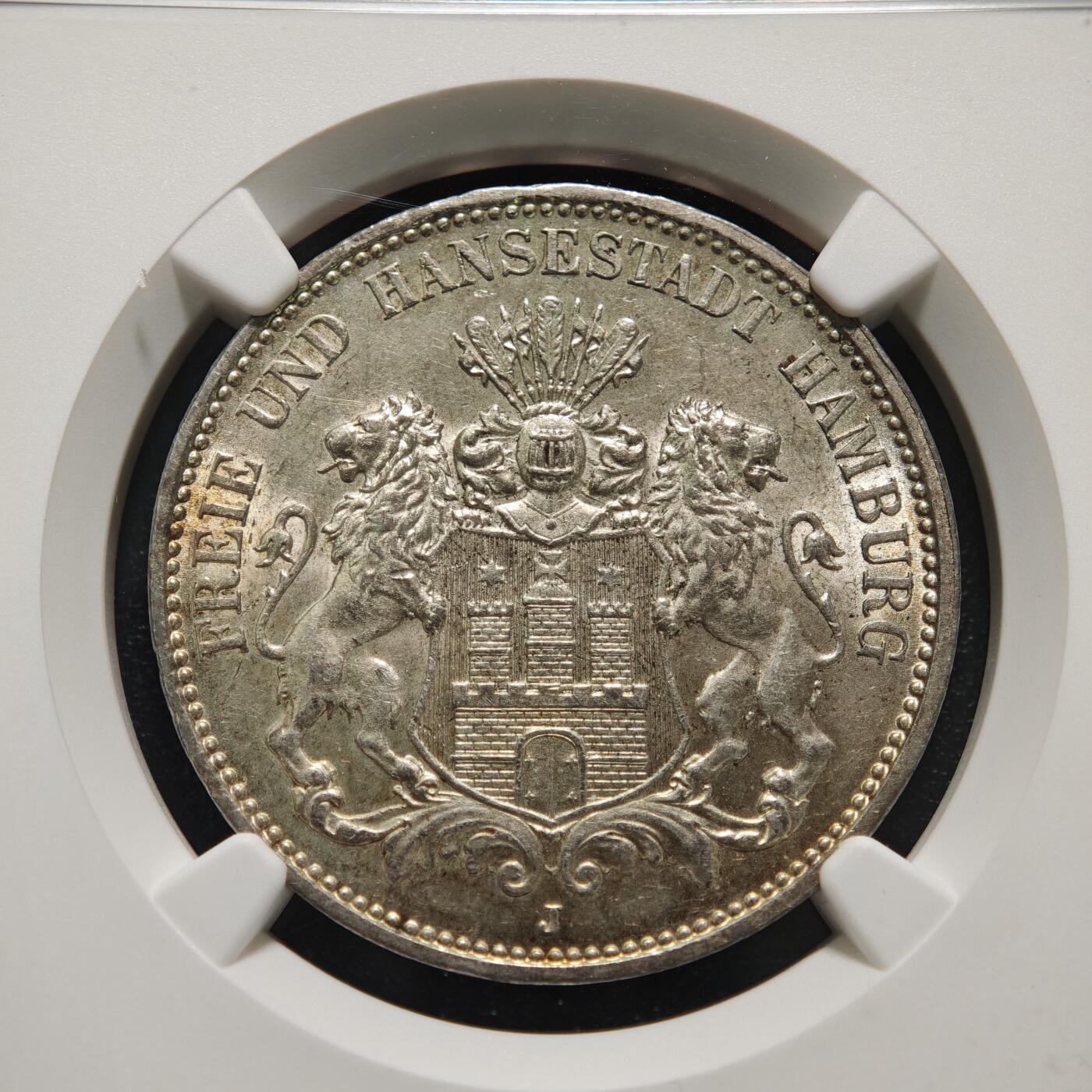 【德藏】世界币章拍卖第154期（拍品征集中~欢迎藏友联系） 1913年 德国汉堡双狮3马克银币 NGC MS63 原光黄油彩包浆 品相状态非常棒