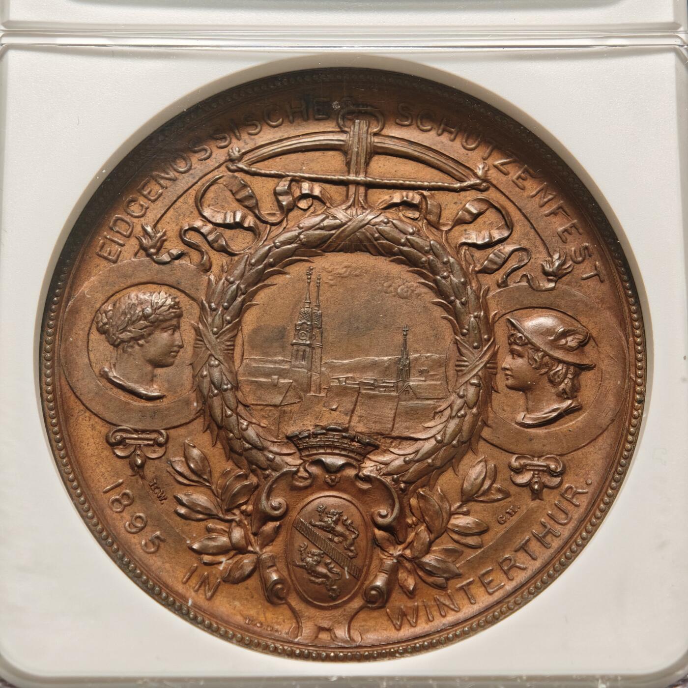 【德藏】世界币章拍卖第154期（拍品征集中~欢迎藏友联系） 1895年 瑞士温特图尔射击节女神铜章 NGC MS63 精美绝伦 品相状态不错