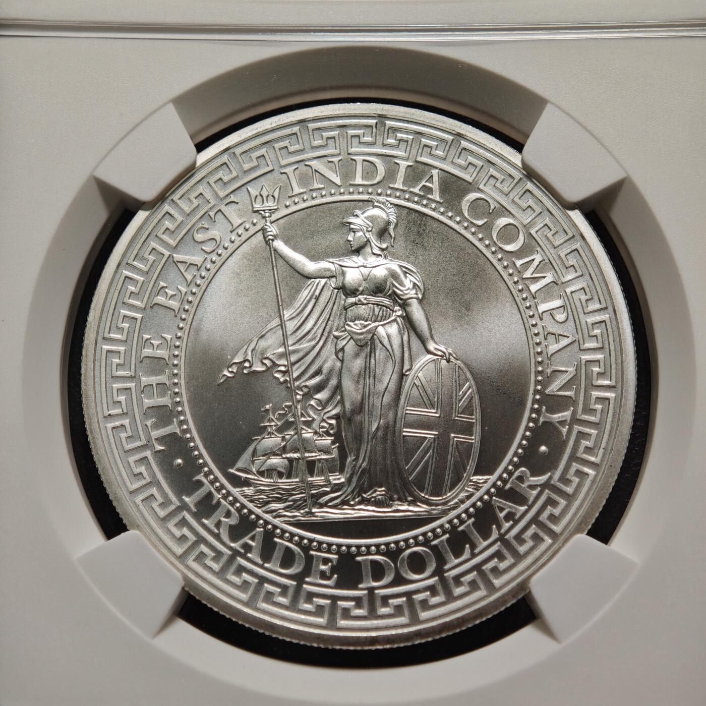 【德藏】世界币章拍卖第154期（拍品征集中~欢迎藏友联系）  2018年 圣赫勒拿 东印度公司英国贸易银币。NGC MS69 站洋图案，面值1磅。非常少见，发行量仅10000枚，值得收藏。