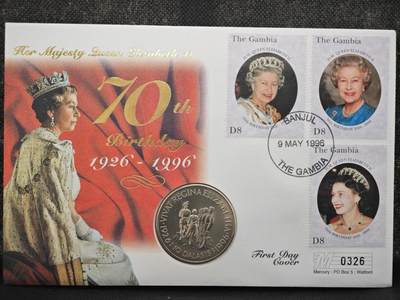 【淘币小摊】限时拍第八百零七拍  克朗币邮币封场  满百包邮可预留两周  周一统一发货  -  冈比亚1996年女王70周年10达拉西纪念币邮币封