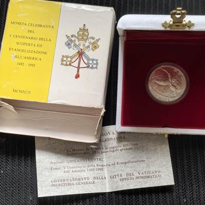 道一币馆币章第一百五十六场 - 原盒证 梵蒂冈1992年发现每周大陆500周年500里拉银币