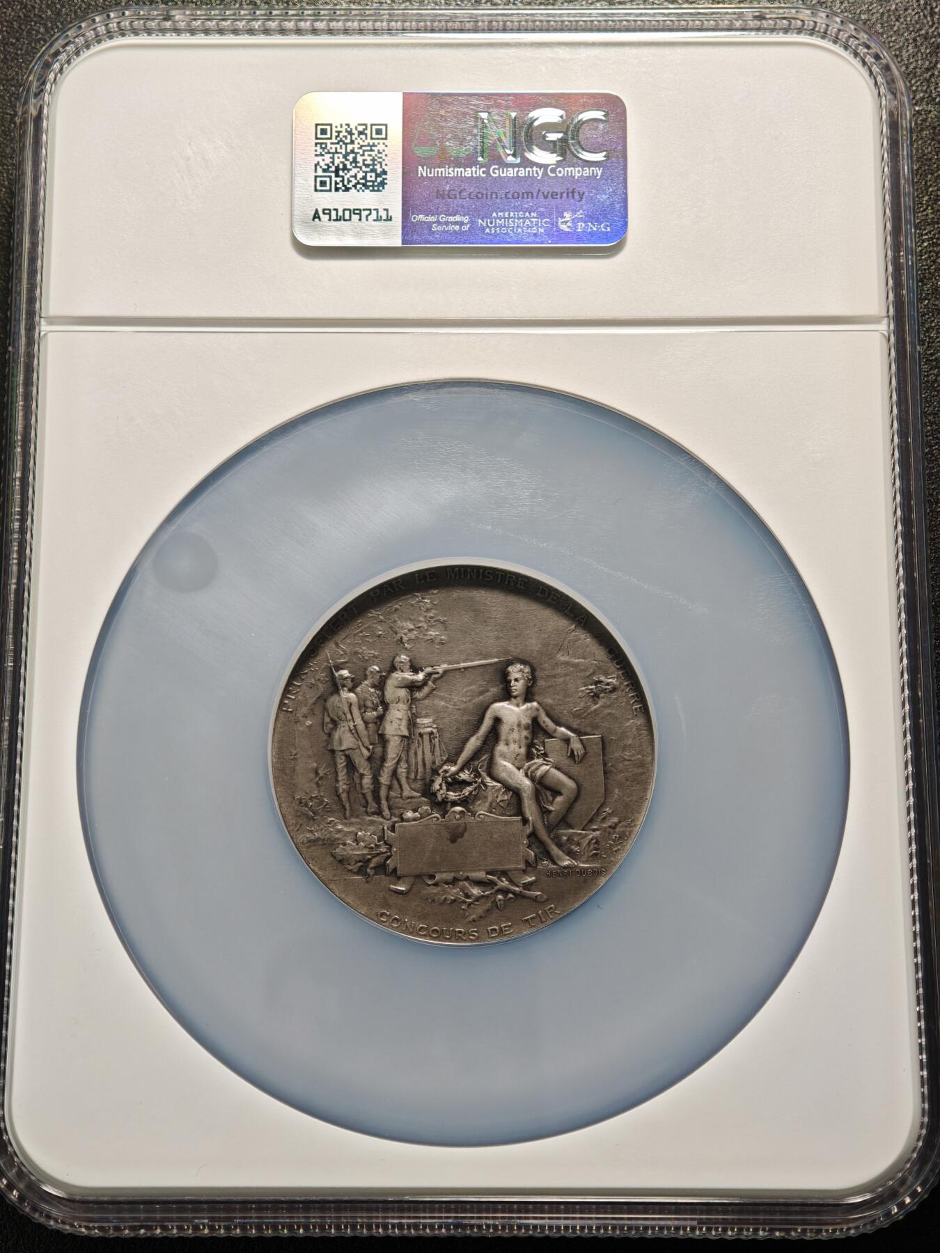 【德藏】世界币章拍卖第154期（拍品征集中~欢迎藏友联系） 19世纪 法国射击节戎装玛丽安娜女神大银章 50mm NGC MS62 温润淡老包浆 设计立体 人物传神