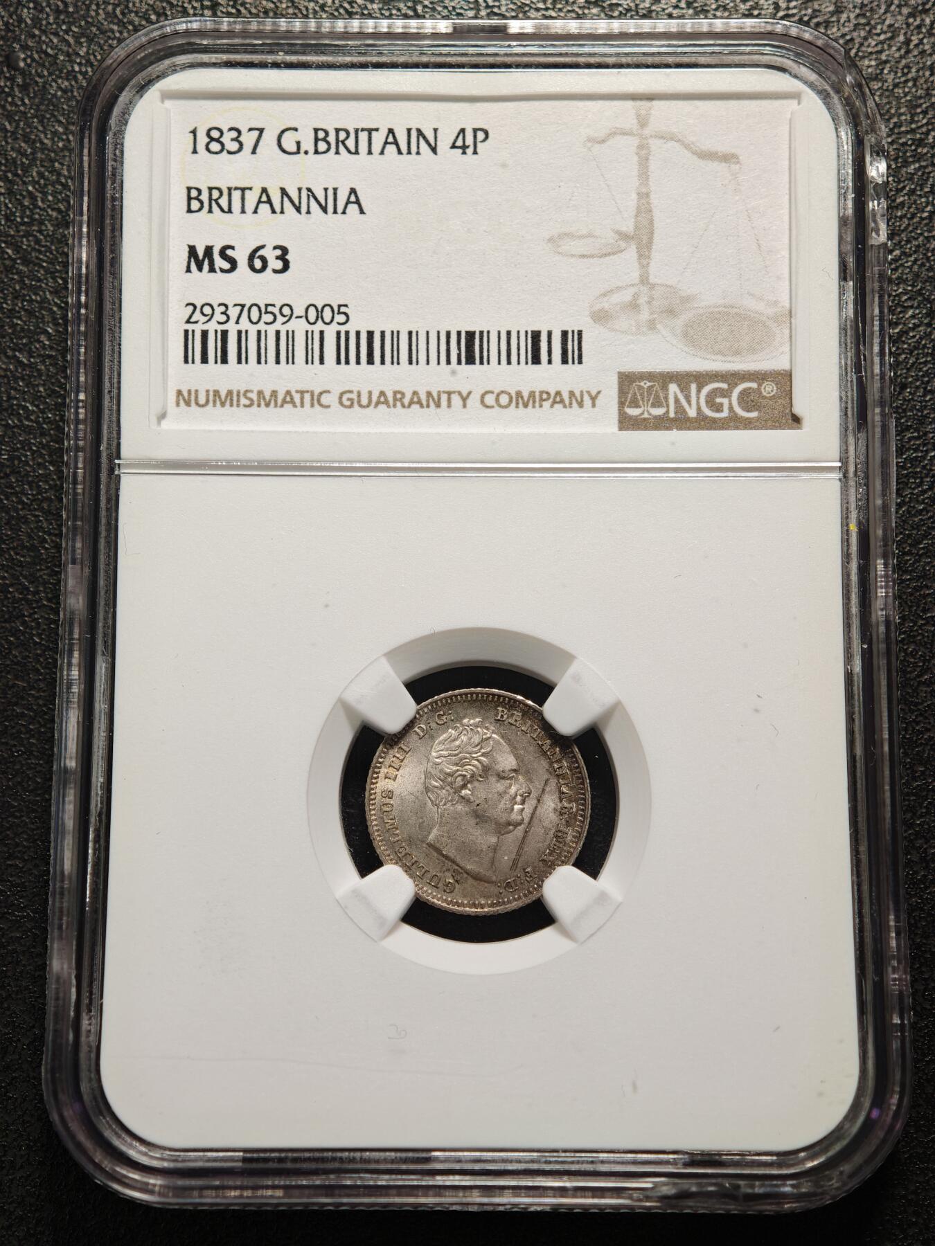 【德藏】世界币章拍卖第154期（拍品征集中~欢迎藏友联系） 1837年 英国4便士银币 NGC MS63 原味五彩包浆 