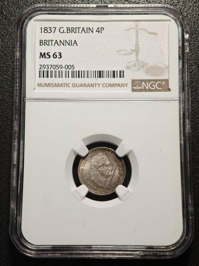 【德藏】世界币章拍卖第154期（拍品征集中~欢迎藏友联系） - 1837年 英国4便士银币 NGC MS63 原味五彩包浆 