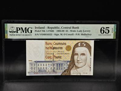 【淘币小摊】限时拍第八百零五拍  纸币场  满百包邮可预留两周  周一统一发货  - 爱尔兰5镑纸币 PMG 65
