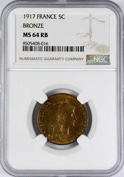 【雨安】【直播拍卖】【世界币章116期-评级币】2025-11-22 周六 19:30 保真 - [评级法国] France 法国 5分 1917年  NGC-MS64