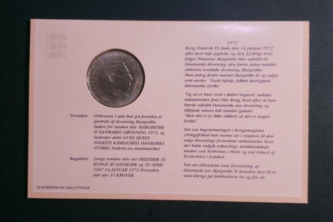 原册装 1972年丹麦玛格丽特二世登基10克郎纪念银币