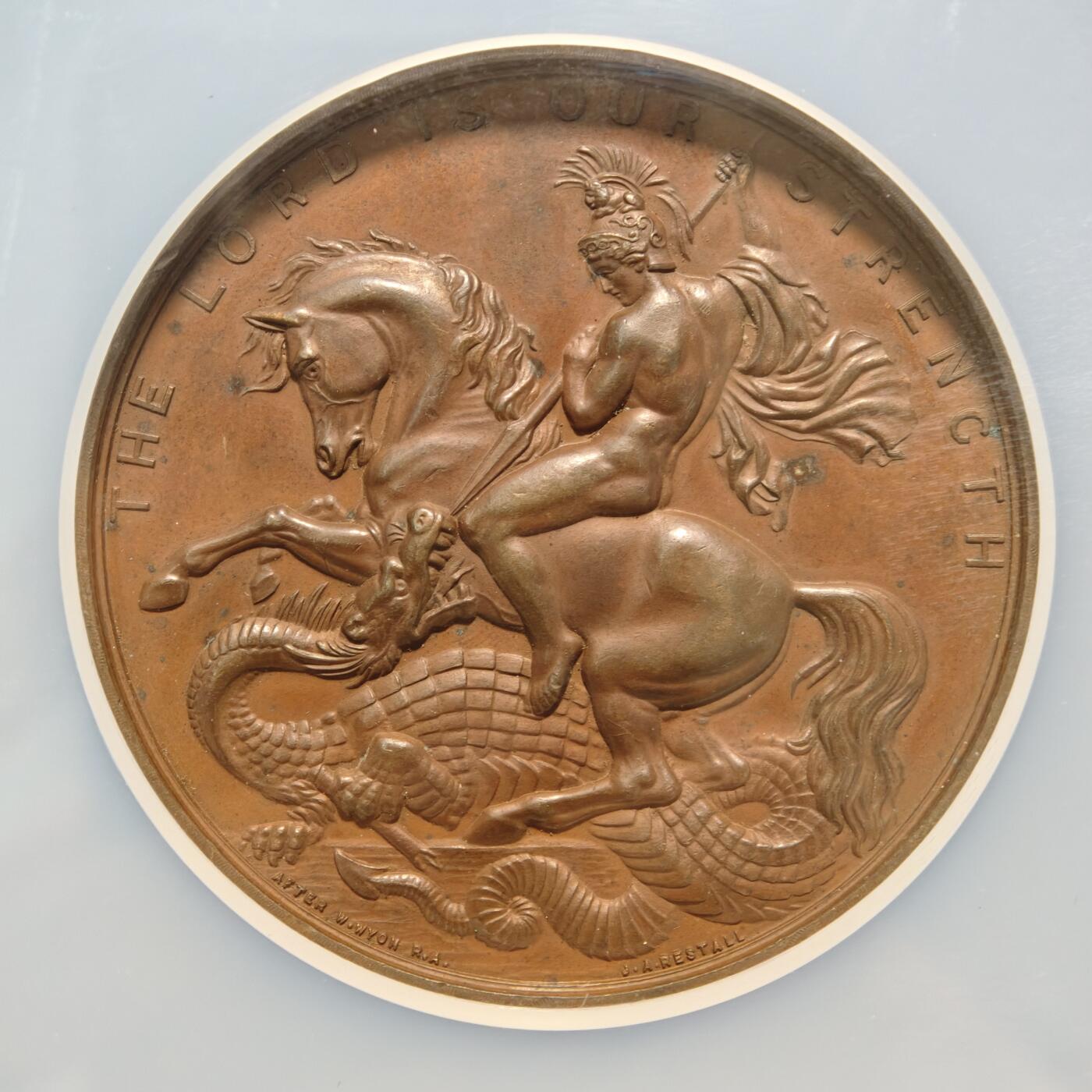 【德藏】世界币章拍卖第154期（拍品征集中~欢迎藏友联系） 19世纪 英国学院圣乔治屠龙大铜章 57mm NGC MS62 名家设计 低评好品好状态 