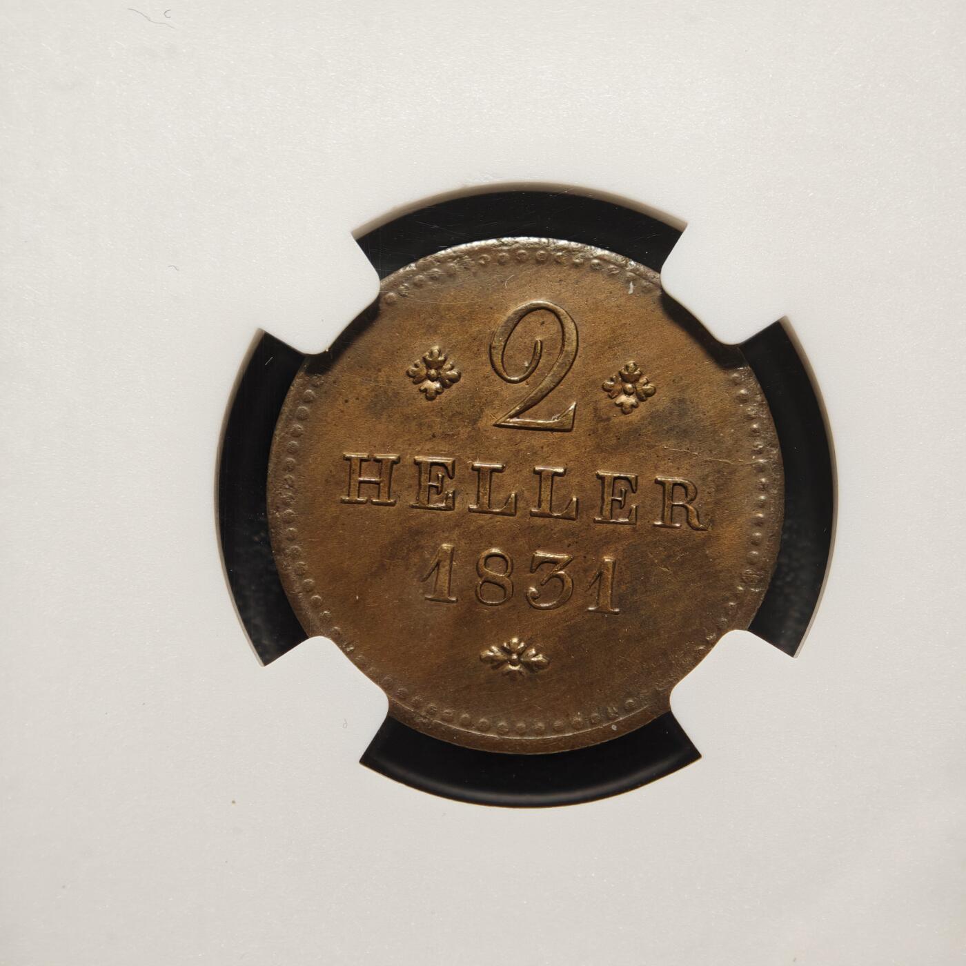 【德藏】世界币章拍卖第154期（拍品征集中~欢迎藏友联系） 1831年 德国黑森拉塞尔2赫勒铜币 NGC UNC 稀少品种 难得unc好品