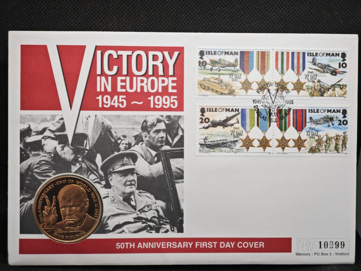 【淘币小摊】限时拍第八百零七拍  克朗币邮币封场  满百包邮可预留两周  周一统一发货   马恩岛1995年二战胜利50周年5镑纪念币邮币封