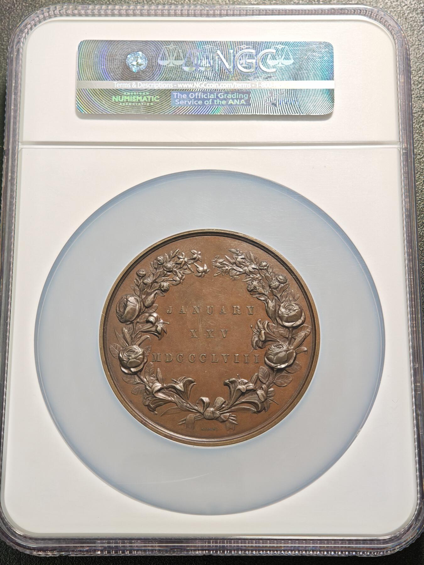 【德藏】世界币章拍卖第154期（拍品征集中~欢迎藏友联系） 1858年 英国维多利亚公主和弗雷德里克·威廉王子皇室大婚高浮雕纪念大铜章 63mm NGC MS62 皇室婚礼 热门品种 